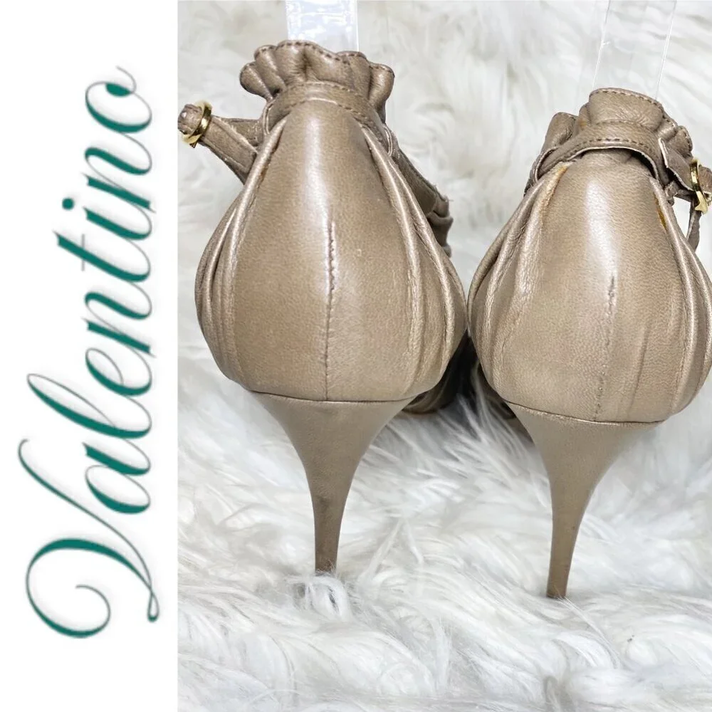 VALENTINO Vintage Taupe Leather Ruffle Accent Open Toe Stiletto Heels, Size 38.5